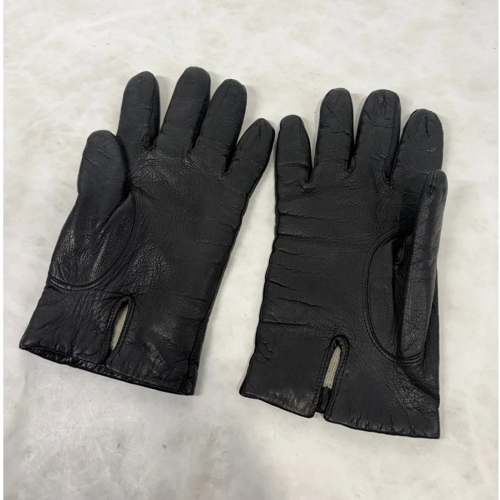 Vintage Black Leather Gloves Medium Vented Cuff Lined Winter Classic Retro